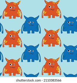 Childish  pattern with cute monsters on blue background. Vector texture for children clothes, fabrics, textiles