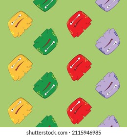 Childish  pattern with cute monsters on green background. Vector texture for children clothes, fabrics, textiles