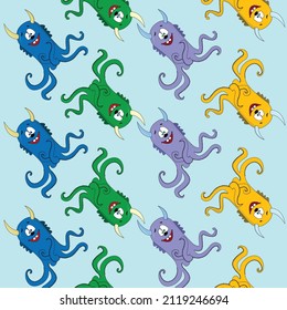 Patrón infantil con monstruos lindos de fondo azul. Textura vectorial para prendas de vestir, tejidos y textiles para niños