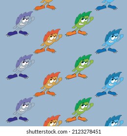 Childish  pattern with cute monsters on blue  background. Vector texture for children clothes, fabrics, textiles