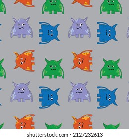 Childish  pattern with cute monsters on gray  background. Vector texture for children clothes, fabrics, textiles