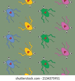 Patrón infantil con monstruos lindos sobre fondo verde. Textura vectorial para prendas de vestir, tejidos y textiles para niños