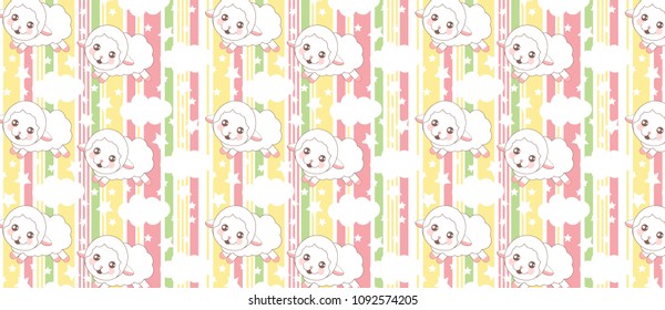 Childish  pattern with cute sheeps on Abstract vector striped pattern with colored vertical parallel stripes. Perfect for kids apparel,fabric, textile, nursery decoration,wrapping paper