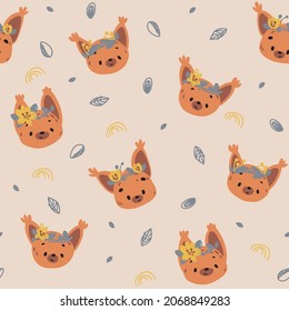 Childish pattern with cute squirrel. spring cute print. Seamless pattern for fabric, paper, wrapping, clothing, textile, wallpaper. Vector illustration