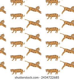 Childish pattern with cute tiger wild animal. Vector illustration isolated. Can used for textile, fabric design, posters, wrapping papers, wallpapers, decoration for interior. 