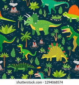 Childish Pattern With Dinosaurs And Tropical Leaves And Flowers. Vector Illustration. Seamless Nursery Wallpaper. Cute Cartoon Dino Design. Prehistoric Jurassic Reptiles.