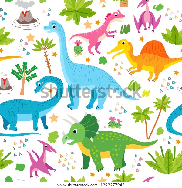 恐竜や熱帯の葉や花を持つ子どもじみた柄 ベクターイラスト シームレスなコドモ部屋の壁紙 かわいい漫画のデザイン 先史時代の北欧ジュラ紀爬虫類 のベクター画像素材 ロイヤリティフリー