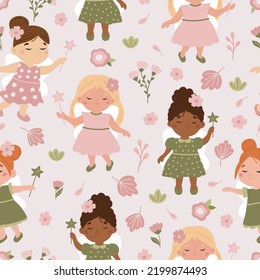 Childish pattern with fairy, flower and leaf. Pastel beige colors. Cartoon fairy tale characters with magic wand. Flat style vector illustration.