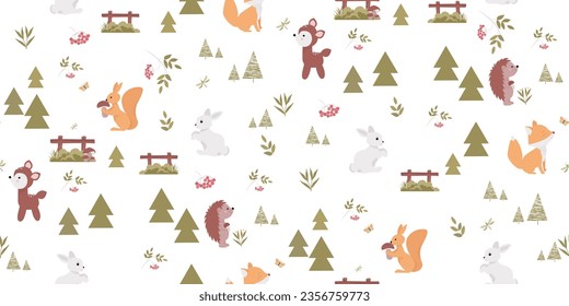 Childish pattern with forest animals. Great for textiles and printing on paper.
