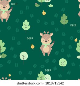 Childish pattern with forest deer
among trees, bushes, leaves, text and footprints created for textiles