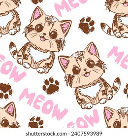 Childish pattern, hand drawn cute cats with meowing text, seamless pattern, baby kids print