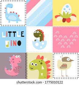 Childish pattern with hand drawn dinosaurs in scandinavian style. Vector Illustration. Kids illustration for nursery. Dino style trendy for baby clothes, packaging design. Patchwork design.