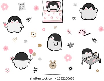 Childish pattern with hand drawn penguins. Trendy Scandinavian vector background. Perfect for kids apparel,fabric, textile, nursery decoration,wrapping paper