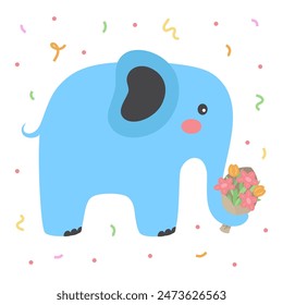 childish pattern with little elephant, greeting card of cute animal with flowers, seamless background, cute vector texture for kids bedding, fabric, wrapping paper, textile, greeting print