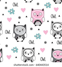 childish pattern with owl, owl cartoon, vector textile fabric print, wrapping paper vector illustration