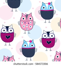childish pattern with owl, cute colorful owl fabric for kids, wrapping paper vector illustration