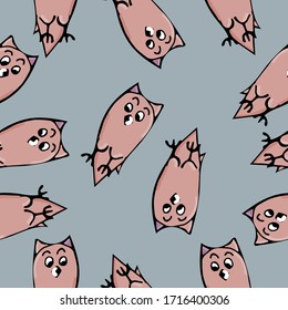 Childish pattern with owl doodles on a gray background. Birds for the design of children's clothing, fabric, printing products, funny cute picture