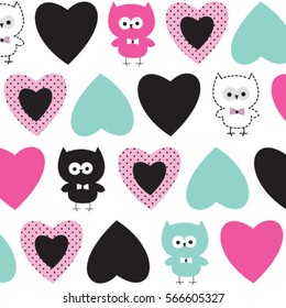 childish pattern with owl and heart, bedding pattern, Valentine love texture with cute owls and hearts, wrapping paper vector illustration