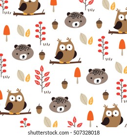 childish pattern with owl and teddy bear on white background vector illustration