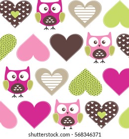 childish pattern with owls and hearts, love pattern with owl, wrapping paper vector illustration