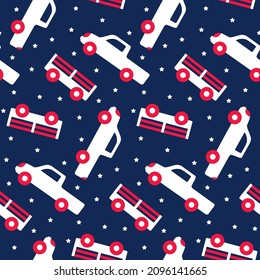 Childish pattern with pick up truck cars and trailers on dark blue starry background. Print with white upside-down automobiles for cute clothing baby fabrics. Flat vector illustration of wallpaper.