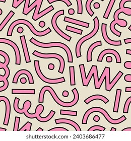 Childish pattern with pink curves and geometric shapes. Fun and colorful seamless geometric pattern. Confetti background. 