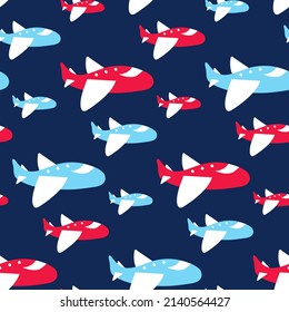 Childish pattern with plane. Jet for baby boy. Seamless print with blue, red airplanes on dark blue background for design of children's product, fabric for kids outerwear, cute textile, cartoon cover.