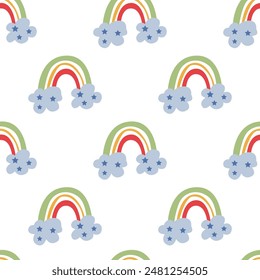 Childish Pattern with Rainbow, Clouds and Stars. Vector Fairy Tale Cute Illustration. Perfect for Kids Design, Fabric, Wrapping, Wallpaper, Textile, Appare.