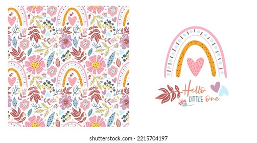 Childish pattern with Scandinavian rainbows and pink flowers. Set for baby shower. Floral seamless background, cute vector kids texture. Hello, little one. 