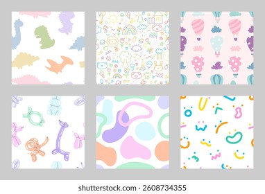 Childish pattern set. Collection of pretty backgrounds for baby shower, cards, wrapping paper, scrapbooking covers. Seamless patterns with dinosaurs, monsters, animals, smile, faces, scribble, balloon