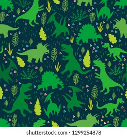 Childish pattern with silhouettes dinosaurs and tropical leaves and flowers. Vector illustration. Seamless nursery wallpaper. Cute cartoon dino design. Prehistoric Jurassic reptiles.