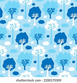 Childish pattern with snowy forest. Hoarfrost on trees for seamless nursery wallpaper. Cute woodland in early winter, late autumn. Blue white texture with cartoon grove for kids fabric print, textile.