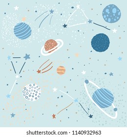 Childish Pattern with Space Elements Like Stars, Planets, and Constellations. Creative Abstract Nursery Background. Perfect for Kids Design, Fabric, Wrapping, Wallpaper, Textile, Apparel