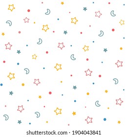 Childish pattern with stars, moon and dots. Children's pattern. 
Textile pattern.