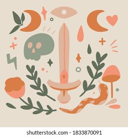 Childish pattern with sword, skull, snake and heart