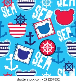 childish pattern with teddy bear, sea and nautical seamless pattern vector illustration