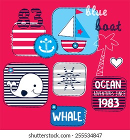 childish pattern with whale, sailing boat vector illustration