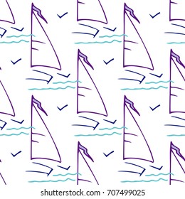 Childish pattern with yacht silhouette. Light summer travel adventure seamless pattern. Marine icon. Bright yacht, ship, sailboat, pattern. Retro boat transport pattern. Infinitely repeating motif.