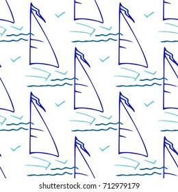 Childish pattern with yacht silhouette. Light summer travel adventure seamless pattern. Marine icon. Bright yacht, ship, sailboat, pattern. Retro boat transport pattern. Infinitely repeating motif.