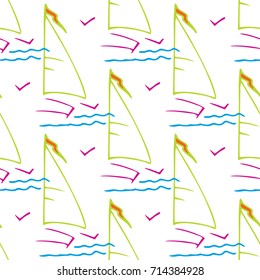 Childish pattern with yacht silhouette. Light summer travel adventure seamless pattern. Marine icon. Bright yacht, ship, sailboat, pattern. Retro boat transport pattern. Infinitely repeating motif.