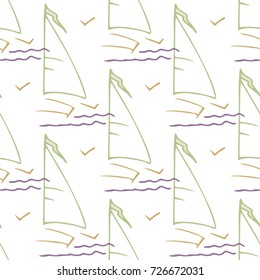 Childish pattern with yacht silhouette. Light summer travel adventure seamless pattern. Marine icon. Bright yacht, ship, sailboat, pattern. Retro boat transport pattern. Infinitely repeating motif.
