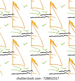 Childish pattern with yacht silhouette. Light summer travel adventure seamless pattern. Marine icon. Bright yacht, ship, sailboat, pattern. Retro boat transport pattern. Infinitely repeating motif.