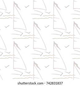 Childish pattern with yacht silhouette. Light summer travel adventure seamless pattern. Marine icon. Bright yacht, ship, sailboat, pattern. Retro boat transport pattern. Infinitely repeating motif.