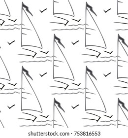 Childish pattern with yacht silhouette. Light summer travel adventure seamless pattern. Marine icon. Bright yacht, ship, sailboat, pattern. Retro boat transport pattern. Infinitely repeating motif.