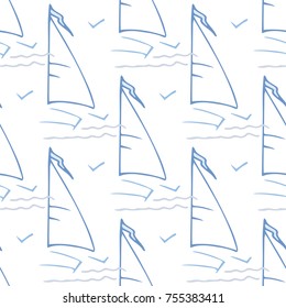 Childish pattern with yacht silhouette. Light summer travel adventure seamless pattern. Marine icon. Bright yacht, ship, sailboat, pattern. Retro boat transport pattern. Infinitely repeating motif.
