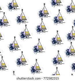 Childish pattern with yacht silhouette. Light summer travel adventure seamless pattern. Marine icon. Bright yacht, ship, sailboat, pattern. Retro boat transport pattern. Infinitely repeating motif.