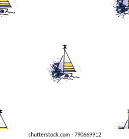 Childish pattern with yacht silhouette. Light summer travel adventure seamless pattern. Marine icon. Bright yacht, ship, sailboat, pattern. Retro boat transport pattern. Infinitely repeating motif.
