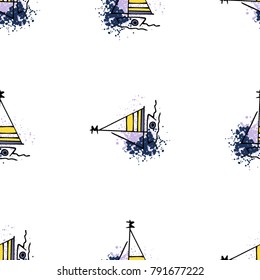 Childish pattern with yacht silhouette. Light summer travel adventure seamless pattern. Marine icon. Bright yacht, ship, sailboat, pattern. Retro boat transport pattern. Infinitely repeating motif.