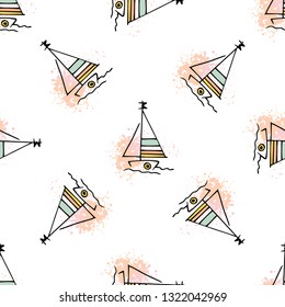 Childish pattern yachts silhouette on wave. Drawing Light summer travel sports seamless pattern. Marine icon sketch. Ship sailboat nautical. Prints Retro sailing transport. Infinitely repeating motif