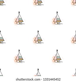 Childish pattern yachts silhouette on wave. Drawing Light summer travel sports seamless pattern. Marine icon sketch. Ship sailboat nautical. Prints Retro sailing transport. Infinitely repeating motif